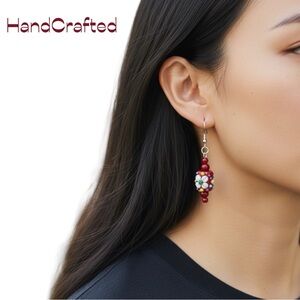 Handcrafted Red Floral Lamp Work W Coral Silver Earrings NWT